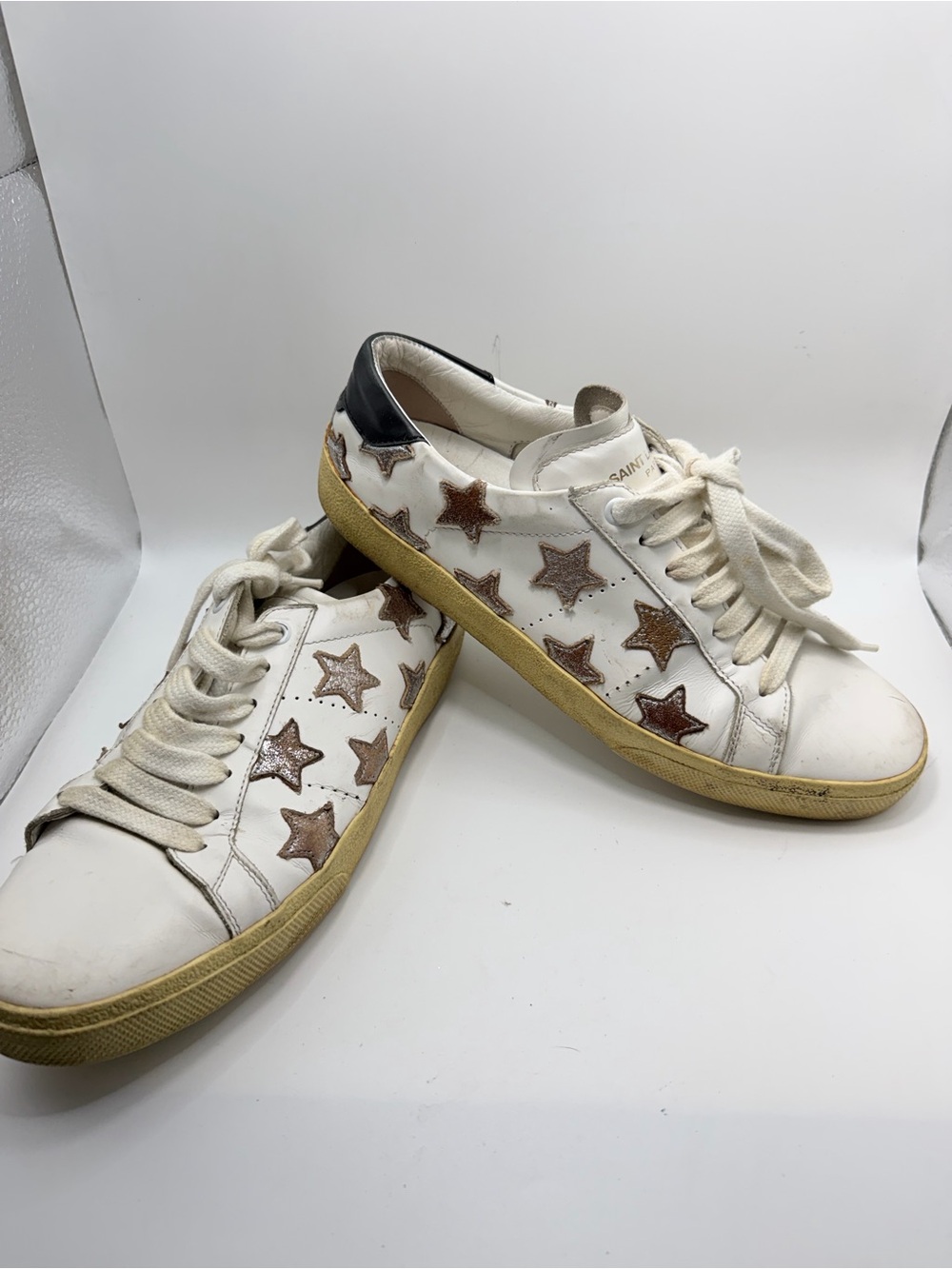 Saint Laurent White Leather Sneakers with Bronze Star Accents